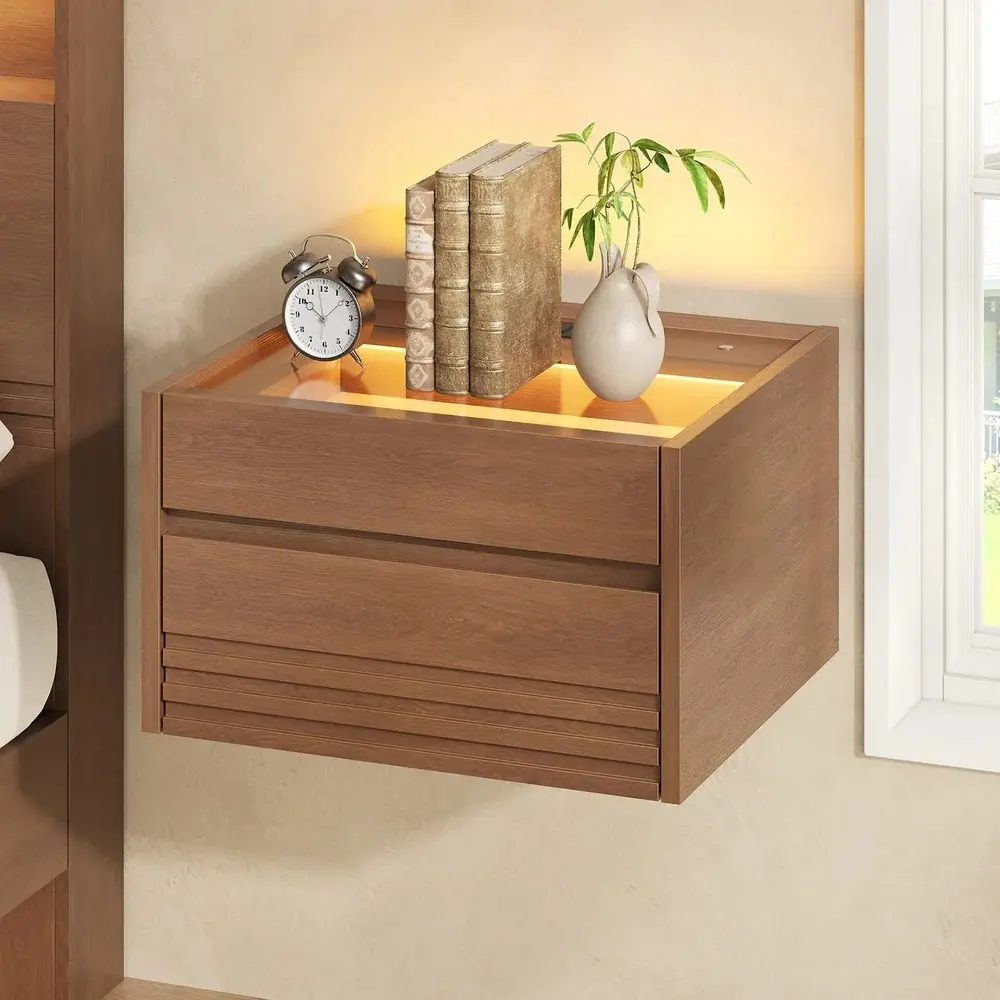 SIKAIC Floating Nightstand with Charging Station, Walnut Wall Mounted Bedside Table with LED Lights SIKAIC Floating Nightstand with Charging Station, Walnut Wall Mounted Bedside Table with LED Lights