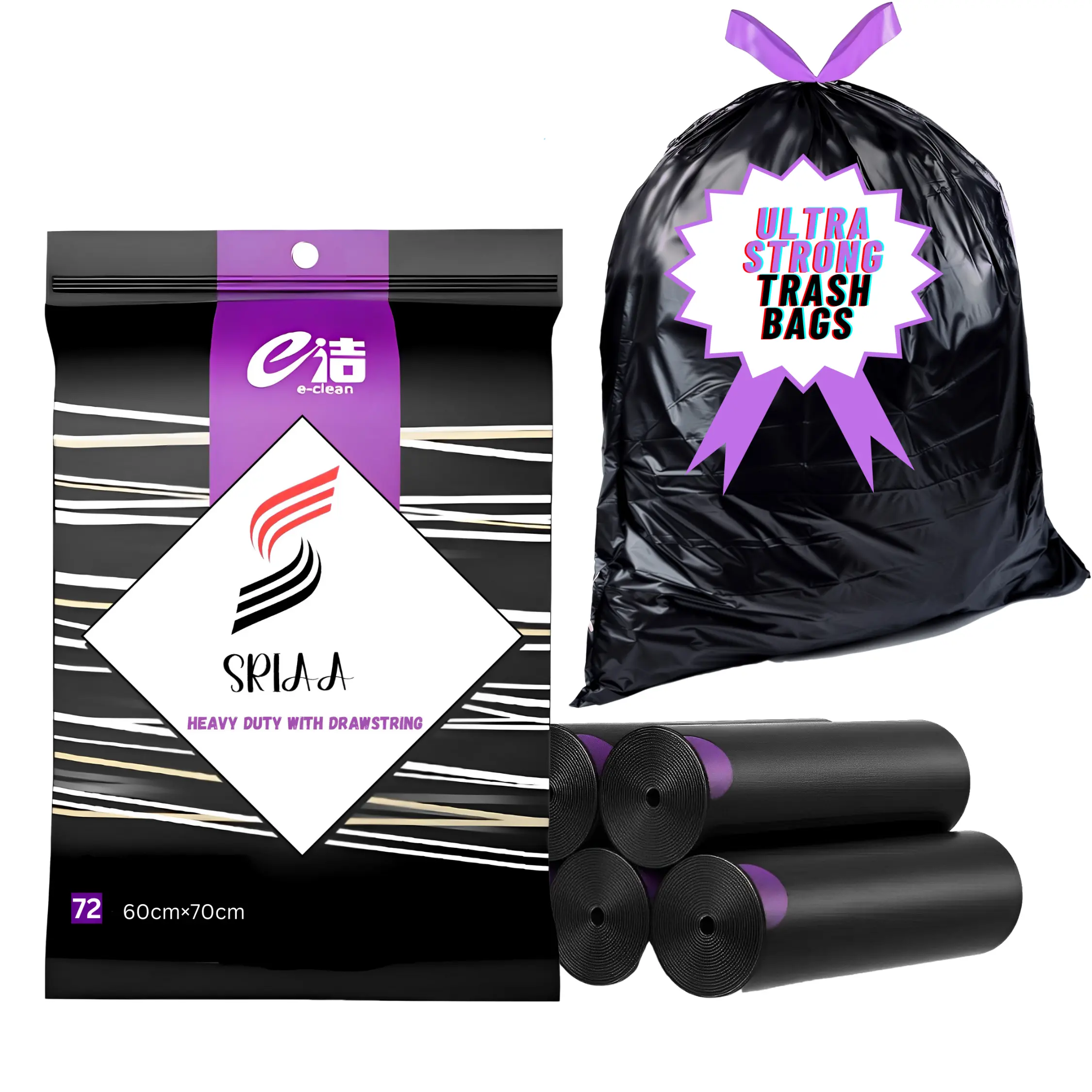 SRIAA 13 Gallon Black Trash Bags with Drawstring -  4 Rolls 72 Bags - 60x70cm, Ultra-Strong & Leak-Proof Industrial