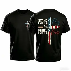 Stand for the Flag Kneel for the Cross Patriotic Christian T-Shirt, Vintage American Flag Cross Graphic Tee, Front & Back Print Short Sleeve Cotton Shirt for Men, Faith & Patriotism Gift