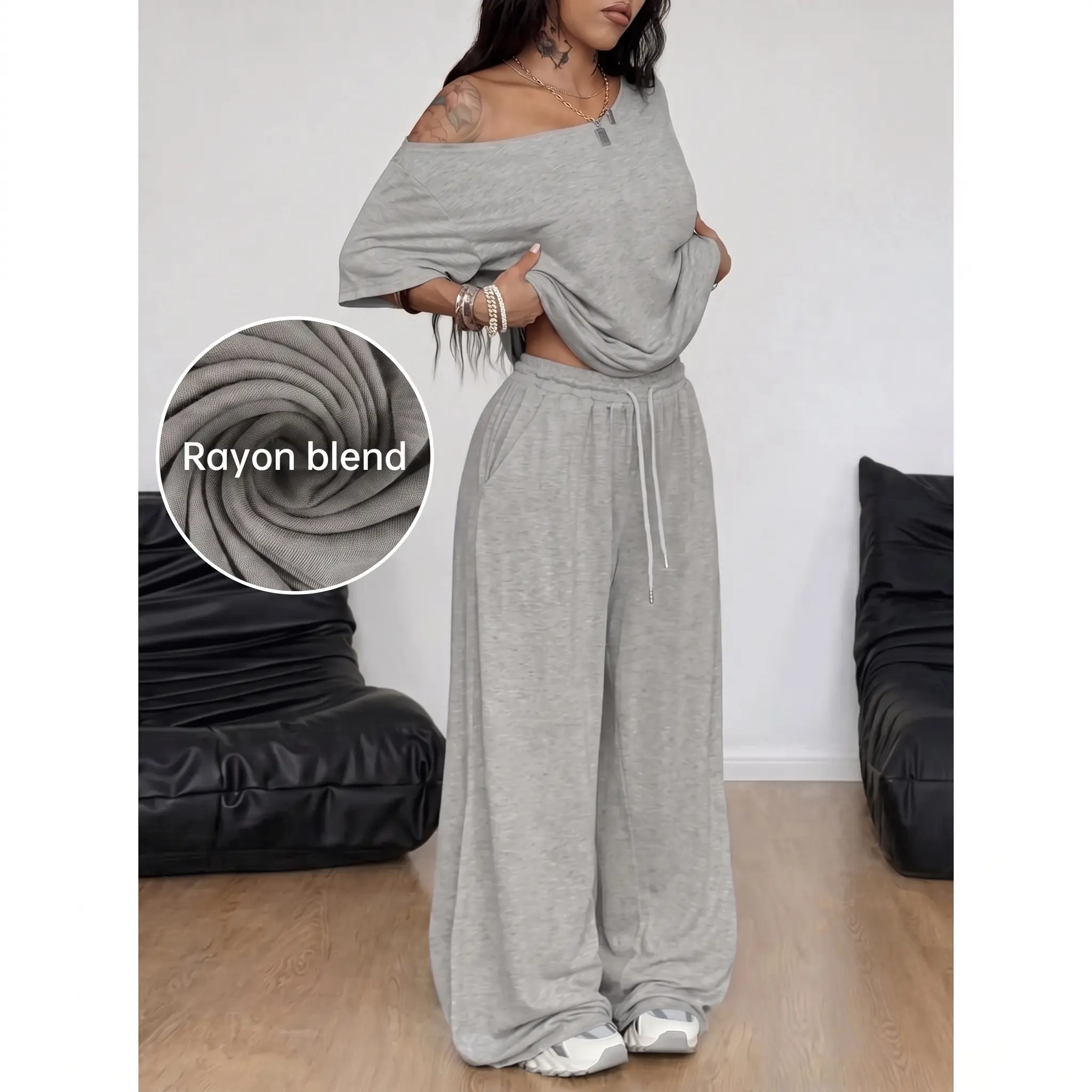VVZ 2026 Women's One Shoulder Short Sleeve Tee + Straight Leg Sweatpants Set, Rayon Slight Stretch 2 Piece Casual Tracksuit