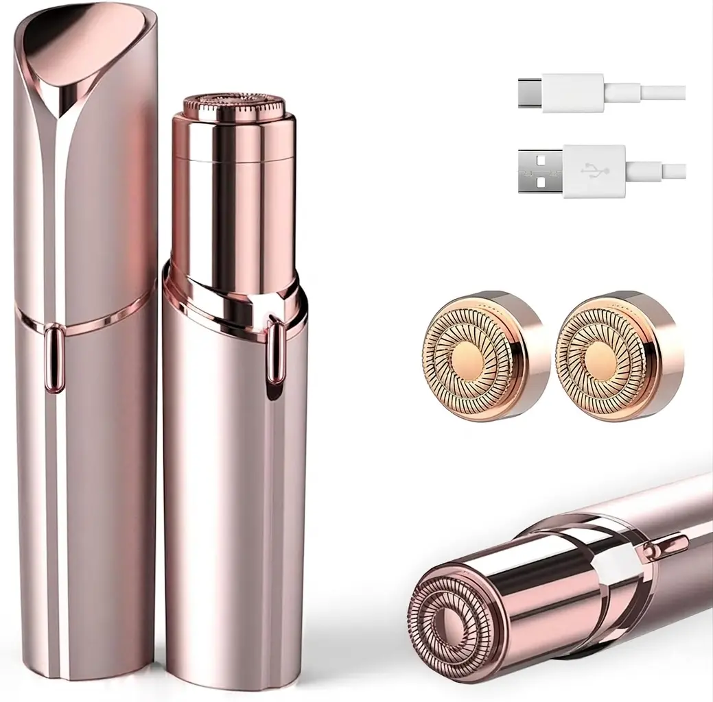 Women's Smooth Mini Facial Hair Trimmer - Painless Double-Blade Shaver with LED Light, USB Rechargeable Hair Removal Device for Face, Lips (Rose Gold)
