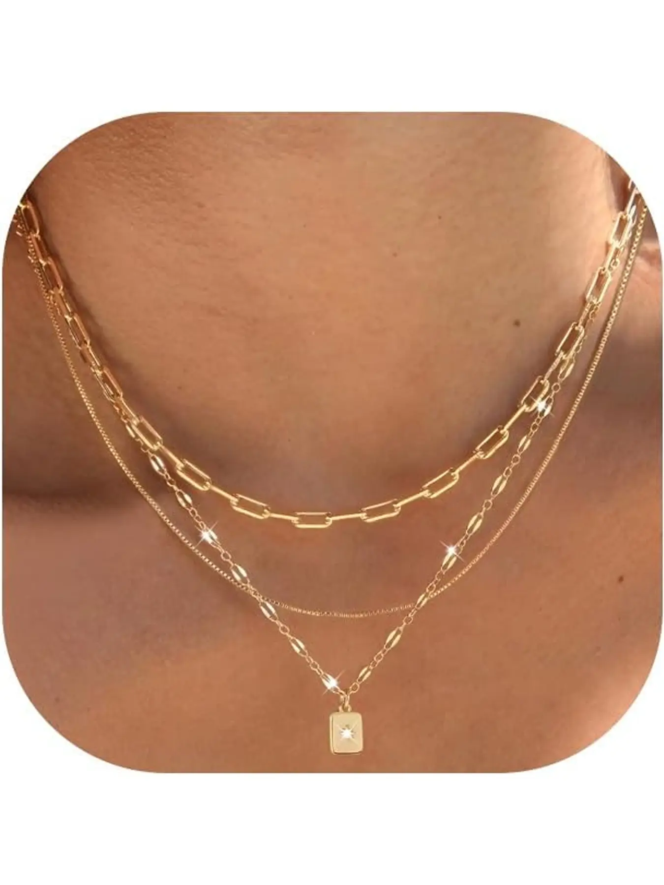 Layered Gold Necklaces for Women Trendy Daily Wear Necklace, 3 Pcs 14K Brass Gold Plated Choker Paperclip Box Chain Necklace, Stackable Women's Gold Pendant Necklaces Jewelry Set Stacking Necklace