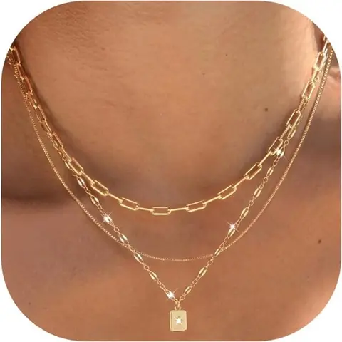 Layered Gold Necklaces for Women Trendy Daily Wear Necklace, 3 Pcs 14K Brass Gold Plated Choker Paperclip Box Chain Necklace, Stackable Women's Gold Pendant Necklaces Jewelry Set Stacking Necklace