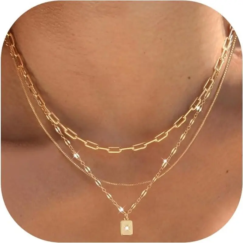 Layered Gold Necklaces for Women Trendy Daily Wear Necklace, 3 Pcs 14K Brass Gold Plated Choker Paperclip Box Chain Necklace, Stackable Women's Gold Pendant Necklaces Jewelry Set Stacking Necklace