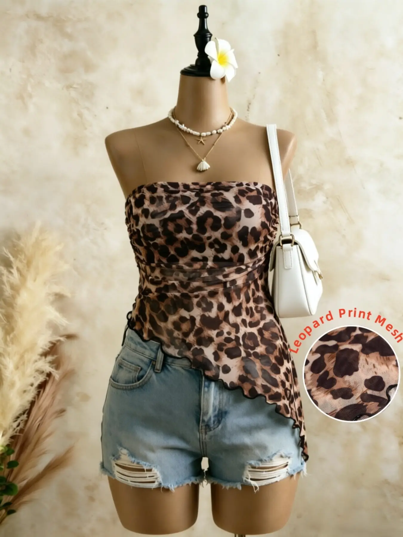 Women's Leopard Print Mesh Tube Top, Sexy Casual Sleeveless Strapless Asymmetrical Hem Short Top, Y2K Street Style Summer Party Clubwear, Womenswear