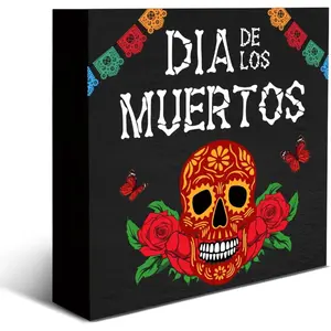 Christmas Halloween Decoration Gifts，Day of the Dead Decor Dia De Los Muertos Skeleton Sign Mexican Sugar Skull Wooden Box Sign for Home Bedroom Shelf Desk 5x5inch