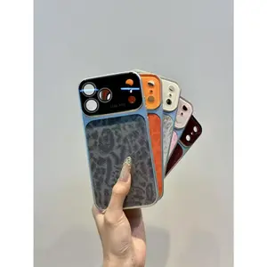 Luxury Leopard Print Large Viewfinder Phone Case for iPhone 14/15/16/17 Series, TPU+PC Dual-Layer Shockproof Protective Cover with Anti-Scratch, Non-Slip & Full Camera Lens Protection, Stylish Orange Faux Suede Texture