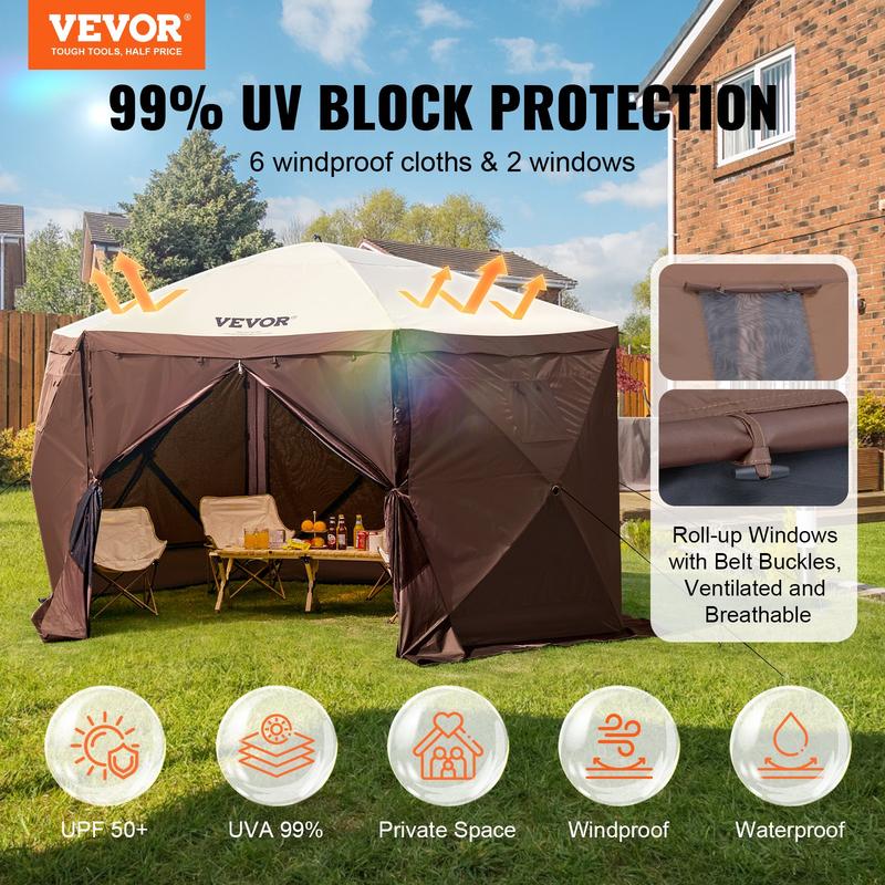 VEVOR Camping Gazebo Screen Tent, TikTokShopBlackFriday, 12*12ft, 6 Sided Pop-up Canopy Shelter Tent with Mesh Windows, Portable Carry Bag, Stakes, Large Shade Tents for Outdoor Camping, Lawn and Backyard, Brown/Beige