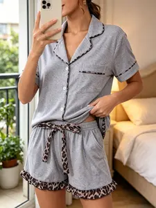 Women's Leopard Print Contrast Trim Pajama Set, Short Sleeve Button Front Shirt + Shorts, Casual Sleepwear Loungewear, Comfortable Home