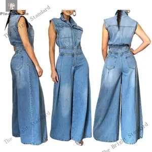 The Bright StandardJean  Spring  Tops And Pants Onesie Women'S Style Casual Wash Sleeveless Denim Jumpsuit Wide-Leg Blue Overalls
