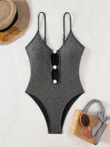 Women's Fashion Silver Color Swimsuit, Sexy Hollow Out Pearl Bikini, Casual Fitted One-Piece Swimwear for All Seasons, Swim Bodysuit