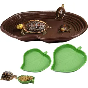 3PCS Tortoise Water Bowl with Ramp Leaf Reptile Water Food Dish Large Soaking Bathing Pool Box Turtle Habitat Accessories
