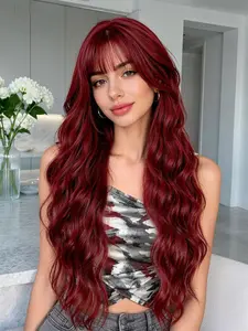 Women's Trendy Wine Long Wavy Wig with Bangs, 28 Inches Heat-Resistant Synthetic Smooth Wig, Summer Party Wig, Graduation Party Straight Wig
