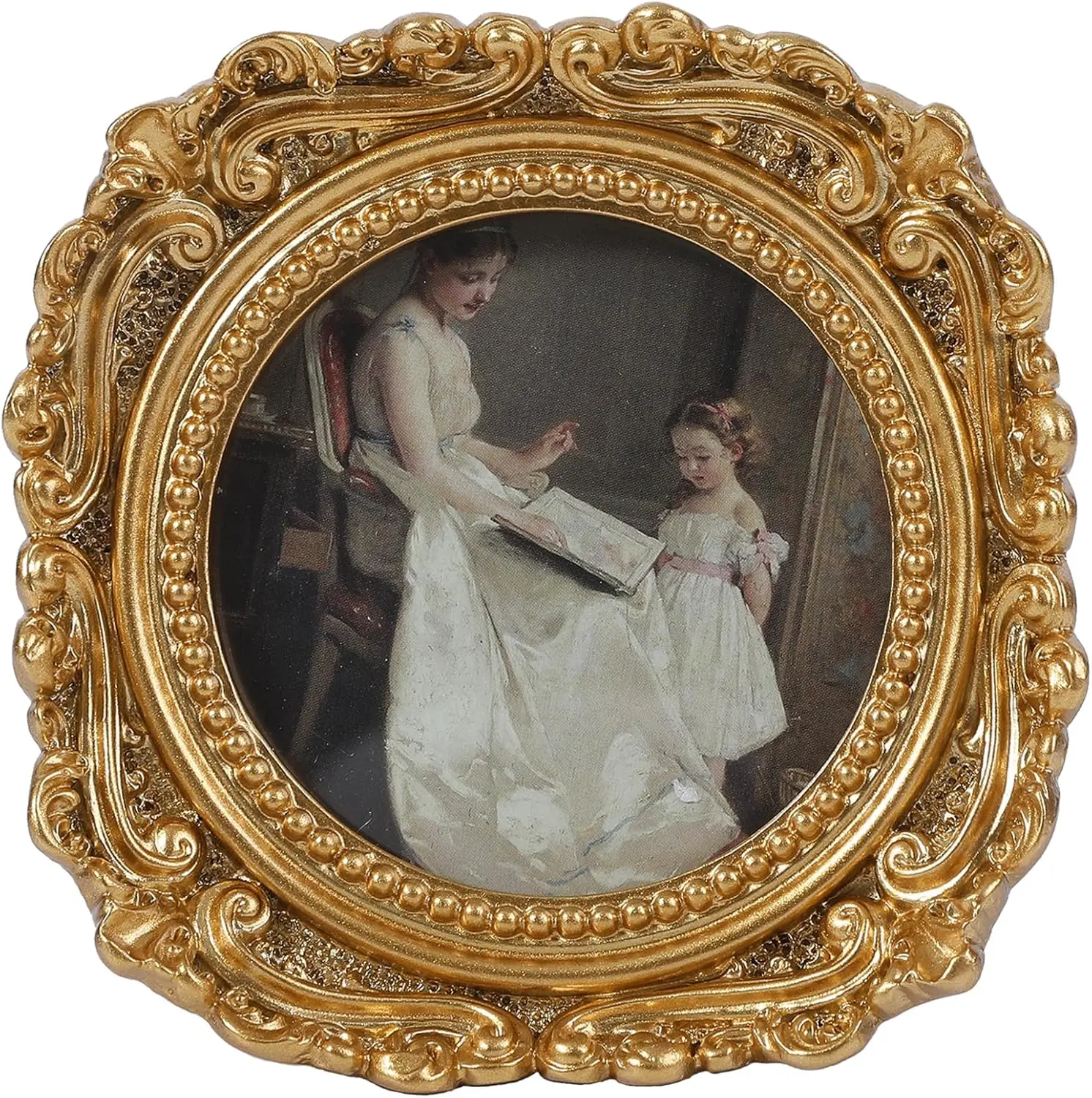 Antique 3x3 Round Retro Floral Pattern Photo Frames - Sturdy Ornate Small Synthetic Frames with Dual Hooks and Easel Stand, Victorian Home Decor for Wall Display and Tabletop
