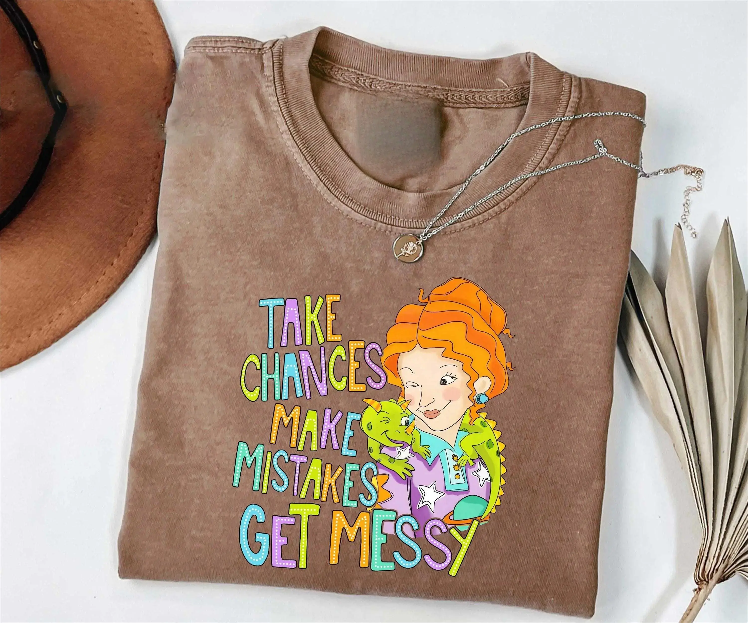 Oversized Teacher T-Shirt, Vintage Washed Take Chances Make Mistakes Get Messy Graphic Tee, Retro Cute Shirt for Women, Aesthetic Classroom Top, Trendy Teacher Apparel, Unique Gift for Her