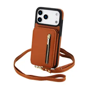 Wallet Case for iPhone 17 Pro Max 17 Air 16 15 14 13 12 RFID Wallet Cell Zipper Cover with Crossbody Strap Credit Card Holder Slot Stand Case for Women Men
