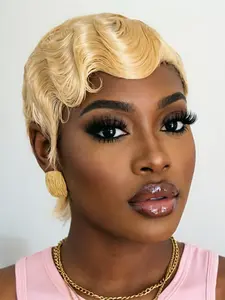 Short Finger Wave Curly Pixie Cut Machine Made Wig, 613 Blonde Color Human Hair Wigs for Women, Daily Party Cosplay Use