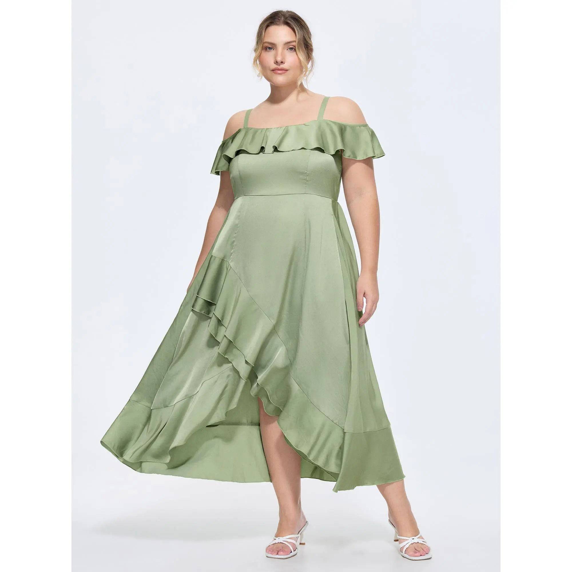 BLOOMCHIC Women's Plus Size Sleeveless Solid Satin Off-Shoulder Wrap Hem Maxi Dress with Pockets, Polyester Fabric, Curvy Dresses for 2026 Summer, Size M-6X, Green Casual Wear with Ruffles, Deals, Maxi Dress For Women,Summerfinds