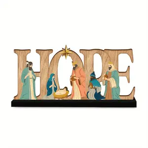 Wooden Letter & Jesus Scene Decoration, 1 Count Jesus Resurrection Themed Home Wooden Sign, Desktop Ornament for Home Office