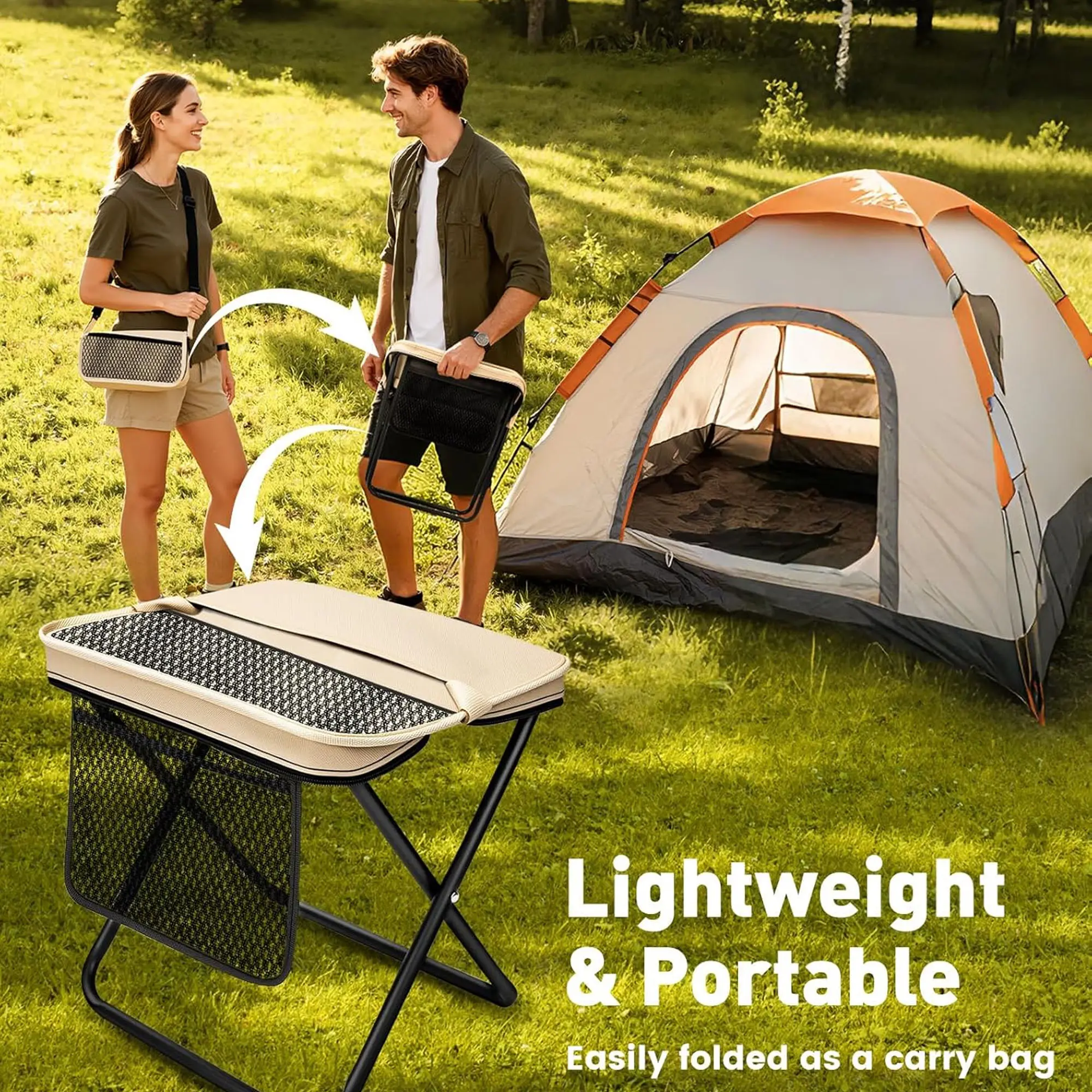 Portable Folding Camping Stool with Carry Bag - Lightweight Outdoor Seat, Durable Steel Frame, Non-Slip Design, Easy to Fold & Carry for Fishing, Hiking, Daily Use, Non-Slip Seat