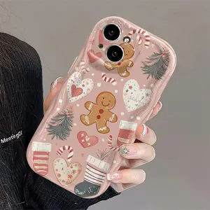 Christmas tree, gingerbread man, stocking, heart pattern, pure white, curly wavy border phone case suitable for iPhone 17/16/15/14/13/12/11/Pro/Pro Max/Plus/X/XS/XS Max, a Christmas gift for friends, family, and yourself.