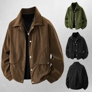 Men's Solid Corduroy Casual Lapel Jacket in Brown Green Black Colors with Button Closure and Pockets