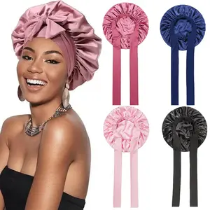 Elastic ribbon color Ding round hat, pure double-layer satin sleep hat, silk texture sleep hat with elastic tie, curly hair head hat for women's gift, sleep hat for beauty and hair care, wide brimmed headscarf hat for women