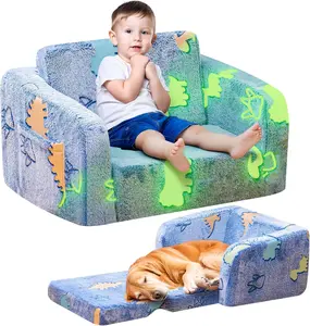 2-in-1 Soft Foldable Toddler Couch Glow in The Dark Kids Sofa for Playroom Convertible Foam Floor Cushion for Boys and Girls Blue Dinosaur