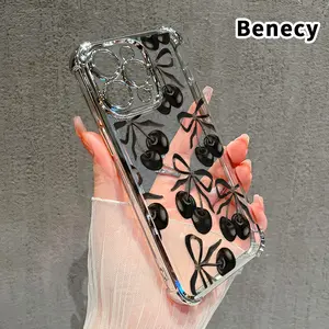 Four Corner Anti-Fall Cherry Bow Pattern Pattern Phone Case for iPhone 16 Pro Max 15 Plus 14 13 12 11 E Shockproof Transparent Electroplated Protective Cover