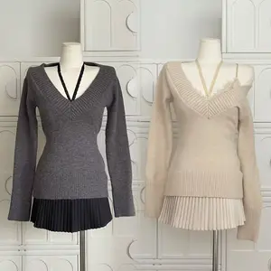 Autumn/Winter Korean Sweet-Hot Girl Set | Women’s Pure-Sexy Date-Outfit 2-Piece (V-Neck Waist-Cinched Base Layer + Lace Camisole, Layered Style)