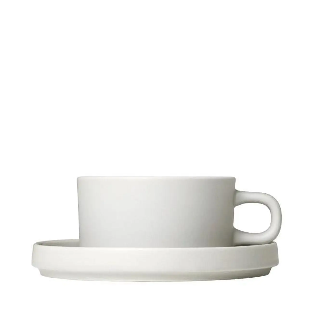 Blomus 63908 Shaped Ceramic Tableware 6 oz PILAR Tea Cups with Saucers, Moonbeam - Set of 2, Clay