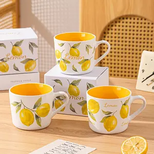 400ML Ceramic Lemon Mug with Gift Box, Cute Interior Coffee Cup, Fresh Lemon Fruit Leaf Design, Microwave Safe, Summer Gift for Girlfriend Mom Friend
