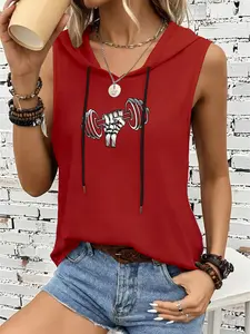 Women's Casual Loose Hooded Sleeveless Vest with Barbell Print, Sporty Style, Perfect for Summer Fitness Outdoor Wear, Daily Fashion Choice