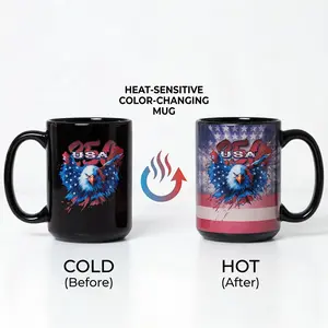 Nu Trendz USA 250th Anniversary Color Changing Coffee Mug 15oz Large Ceramic Tea Cup with Handle for Cappuccino Latte Cocoa Milk Microwave & Dishwasher Safe Washable Reusable Drinkware Reuse