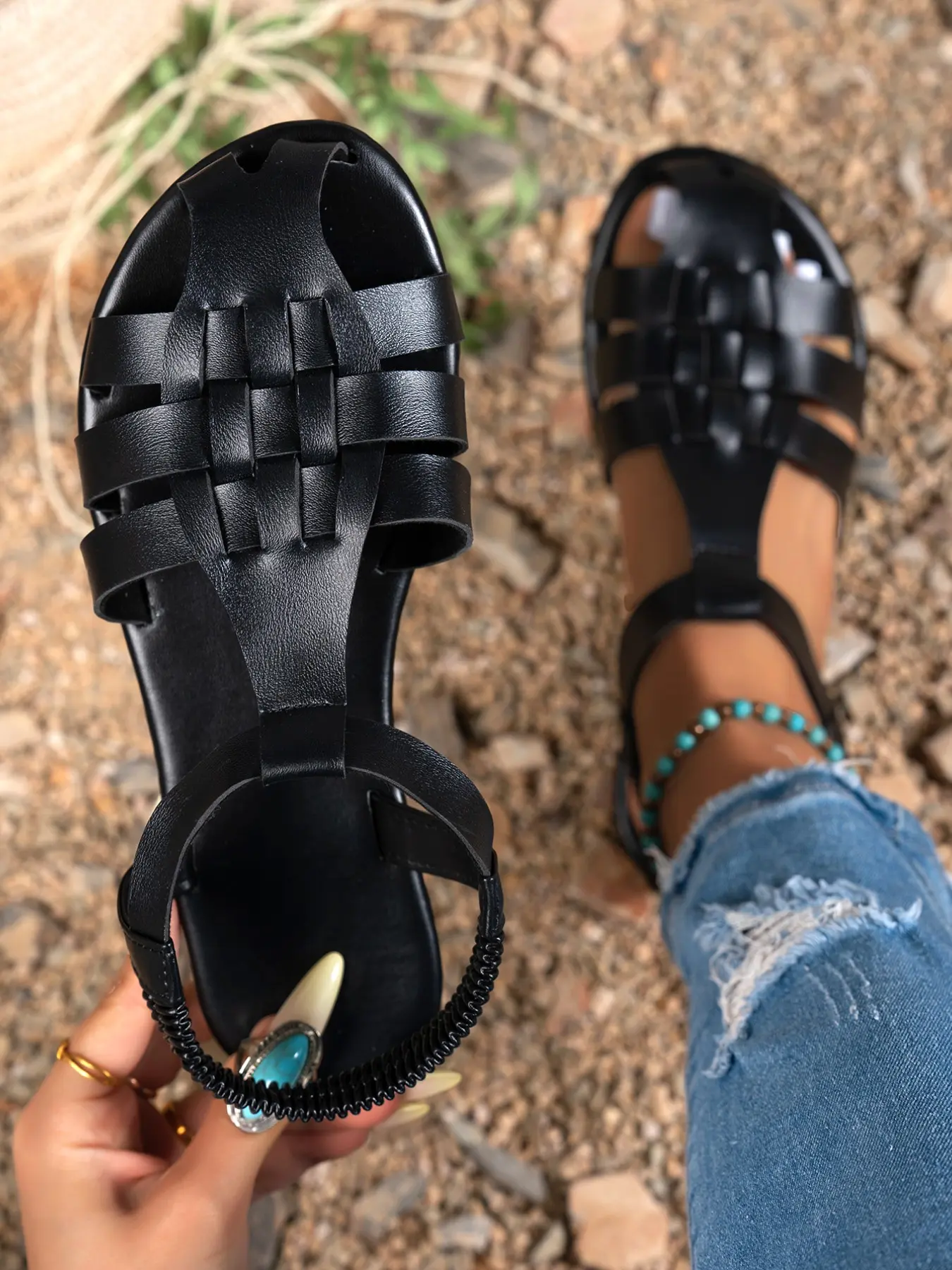 Women's Retro Hollow Out Flat Sandals, PU Leather Sandals, Elastic Back Strap Roman Slippers, Boho Style Beach Commute Daily Comfort Shoes, Daily Wear Sandals