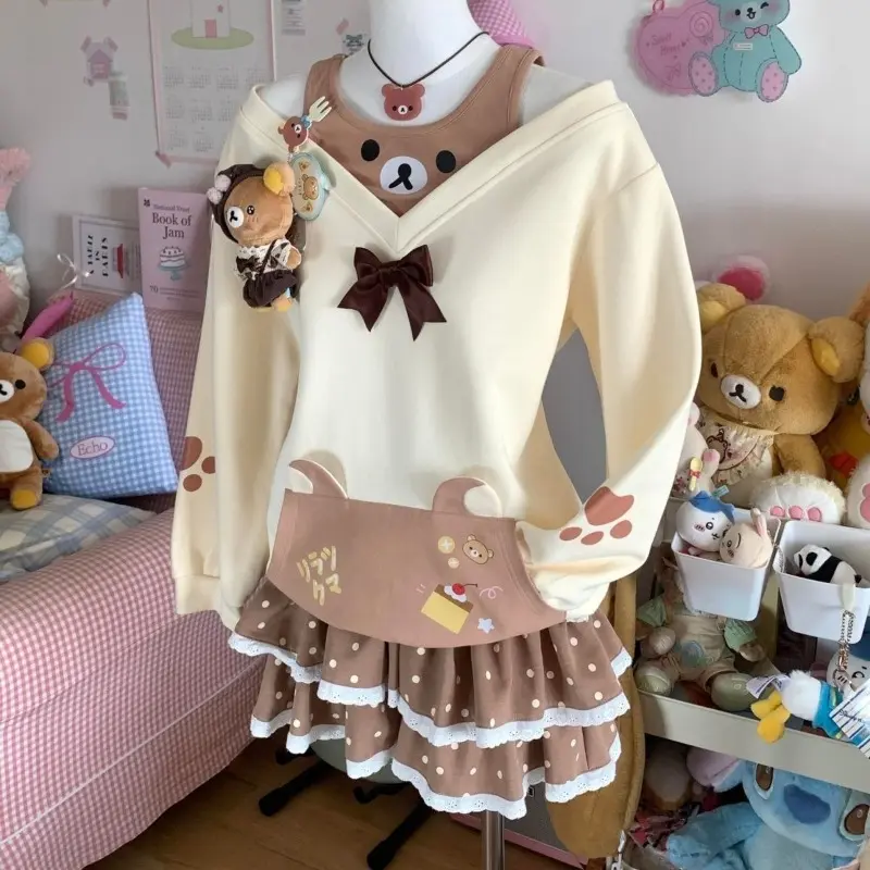 Japanese Sweet and Cute Two-dimensional Rilakkuma Fake Two-piece Long-sleeved Sweatshirt Off-shoulder Loose Top