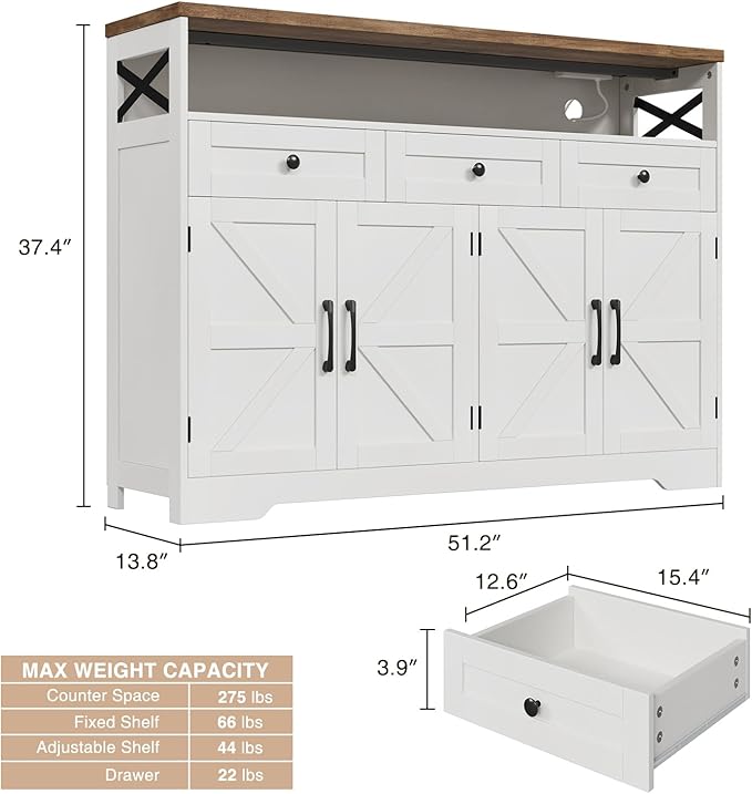 [SummerVibes] Vabches Farmhouse Buffet & Sideboard Cabinet - White Wooden Construction Pantry with Multiple Drawers, Cupboard Hutch, Coffee Bar Station for Kitchen, Living Room