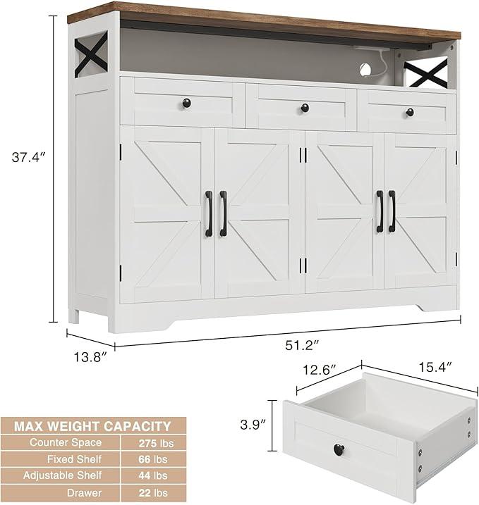Vabches Farmhouse Buffet & Sideboard Cabinet with Storage - White Pantry Cabinet with Drawers, Wood Cupboard Hutch, Coffee Bar Station Table for Kitchen, Living Room & Dining Room