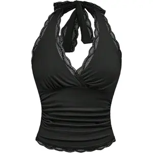 Women's Leopard Print Ruched Halter Crop Tops V Neck Tie Back Sleeveless Slim Fit Cami Tops