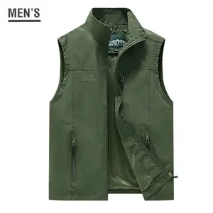 Men's Stand Collar Embroidered Vest for Spring/Autumn Outdoor Casual Wear, Sleeveless Tank Top with Zippered Pockets