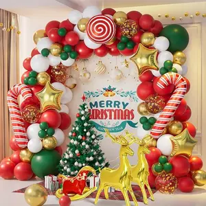 138PCS Christmas Balloon Garland Arch Kit With Red Green Gold White Balloons Candy Balloons Sequin Balloons Gold Star Balloons Moose Sleigh Balloon for Christmas Party Decorations Supplies