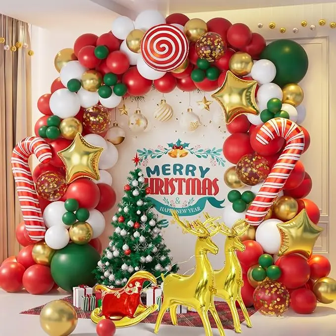 138PCS Christmas Balloon Garland Arch Kit With Red Green Gold White Balloons Candy Balloons Sequin Balloons Gold Star Balloons Moose Sleigh Balloon for Christmas Party Decorations Supplies