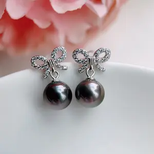 Piswency Genuine Black Tahitian Pearl Earrings, Saltwater Pearl Dangle Earring, S925 Sterling Silver Bow Earrings, Gift for Her