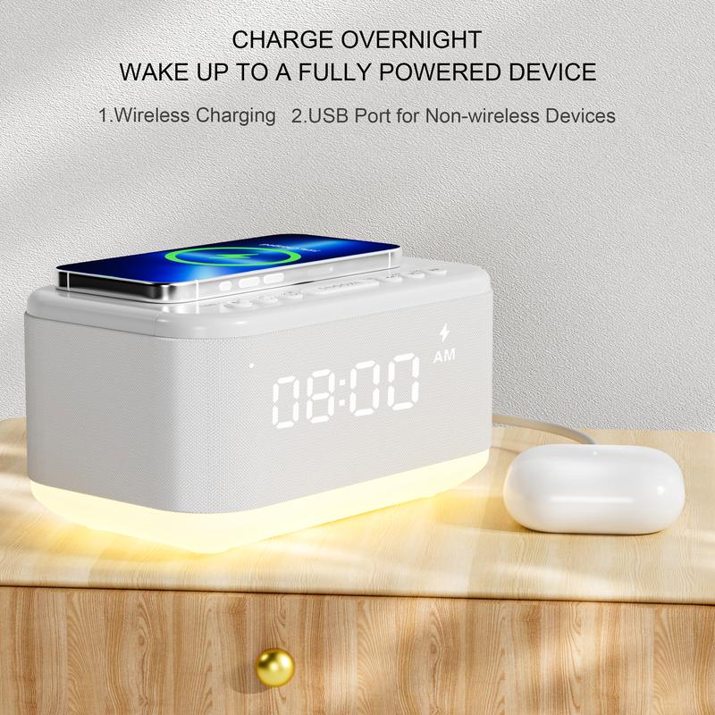 Fansbe Tech Alarm Clock Speaker Wireless Charger, Digital Alarm Clocks Bedrooms Bluetooth, Alarm Clock Dimmable Light Bedrooms Dual Alarm Snooze Dimmer 12 24H RGB Night Light Bluetooth USB AUX, Gray