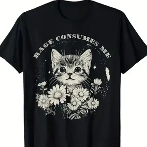 Funny Angry Cat Floral Graphic Cotton T-Shirt, Valentine's Day Gift For Her & Him, Cute Oversized Comfort Casual Outfit