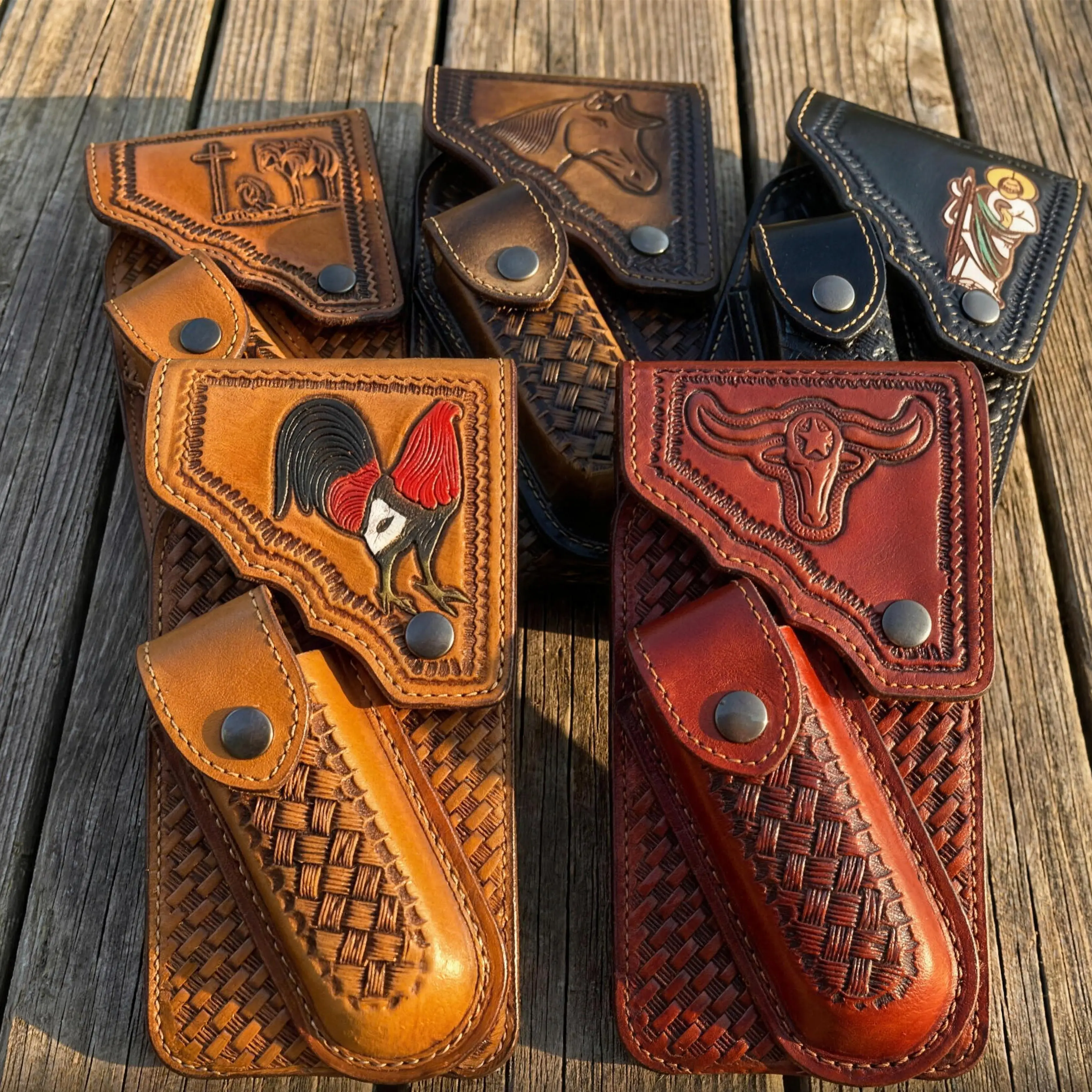 Western Leather Cellphone Belt Holster & Knife Holder – Painted & Tooled 5 Styles