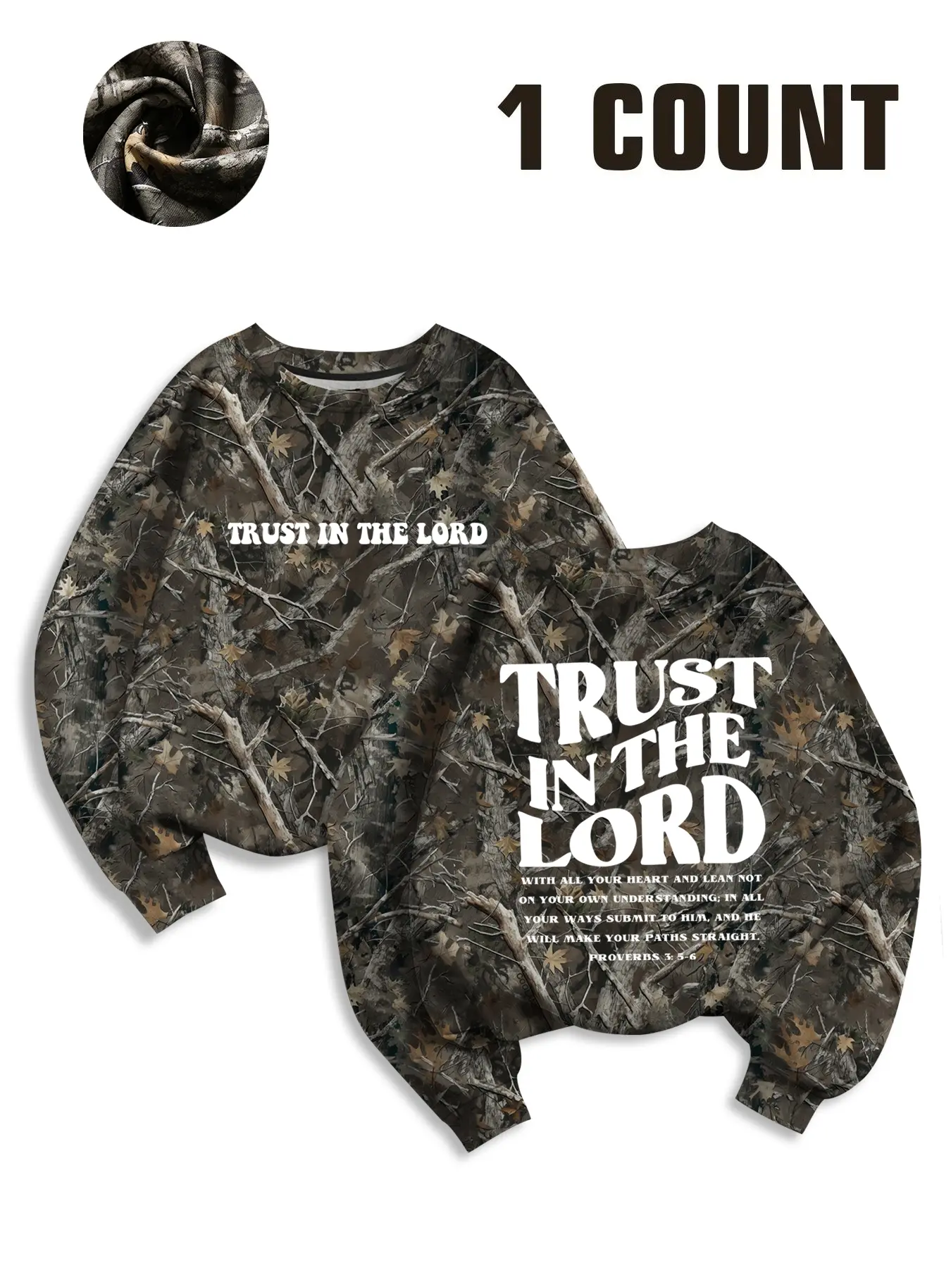 Women's Full Print Tree Branch Round Neck Long Sleeve Everyday Casual Loose Pullover Sweatshirt, Graphic Sweatshirts, Tops, Text Print, Printed, Religious Faith Christian Girl Clothing, Comfortable & Stylish