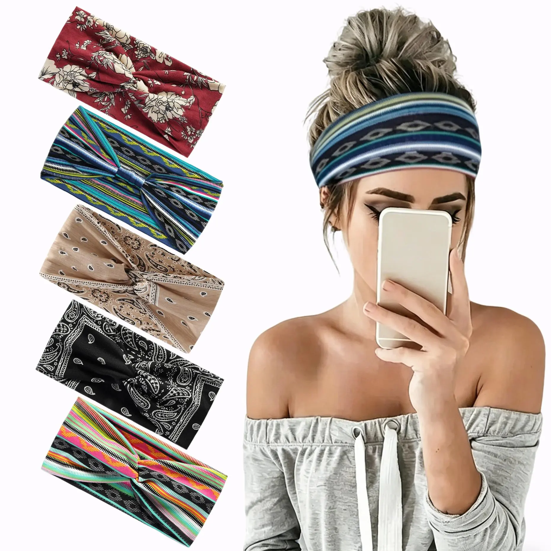 5 Pack Women's Sports Headbands, Bohemian Sweat-Wicking Breathable Hair Bands, Workout Headbands for Yoga, Daily Wear & Outdoor Sports