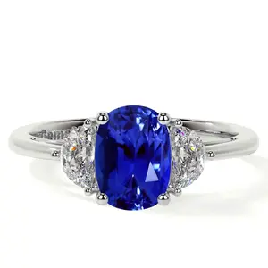 Three Stone Rectangle Cushion Untreated Blue Sapphire Ring with Prong Set Half Moon Side Diamonds (1.40cttw)- RBS009-7X5-AAAAA