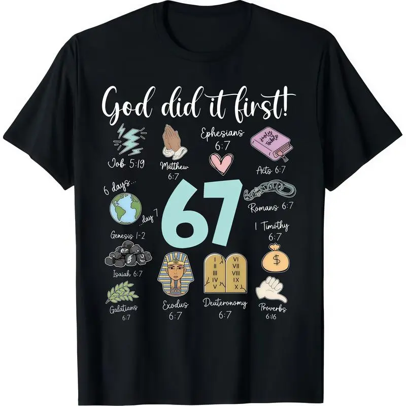 Women's Short-Sleeve Casual Comfortable Statement T-Shirt - Funny "God Did It First 67" Meme Jesus Christian Bible Top, Soft Fabric Women's Top for Birthday Wear summerwins,summerwins